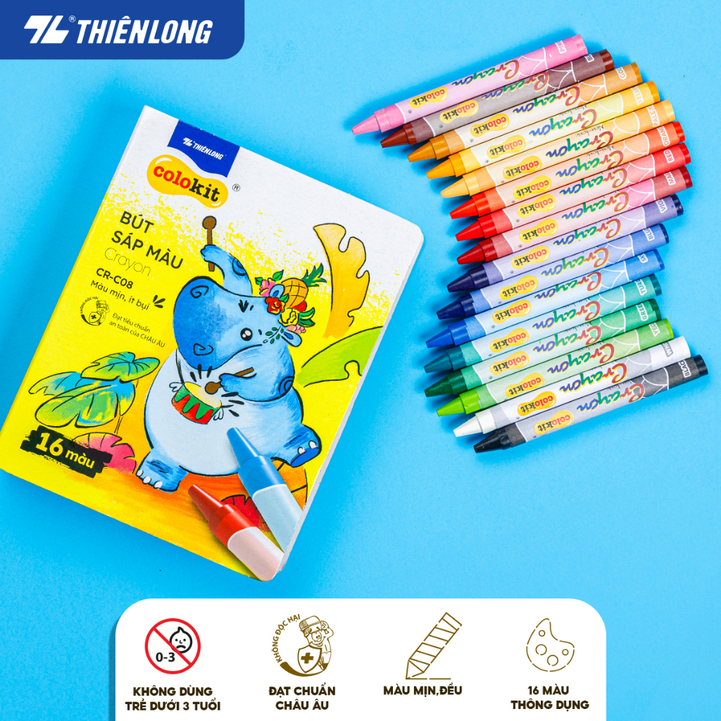 Bút sáp màu Thiên Long Colokit CR-C08 16 - Bút màu sáp cho bé mịn, ít bụi, đều màu an toàn cho bé tô màu, vẽ tranh