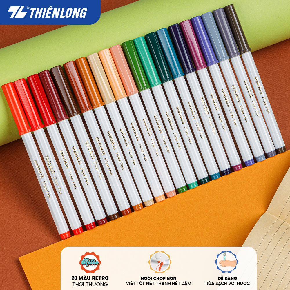 Bút Lông Màu Colokit Retro Washable Fiber Pen Thiên Long SWM-C009 - Bộ 20 Màu - Viết Nét Thanh Nét Đậm - Màu Rửa Được