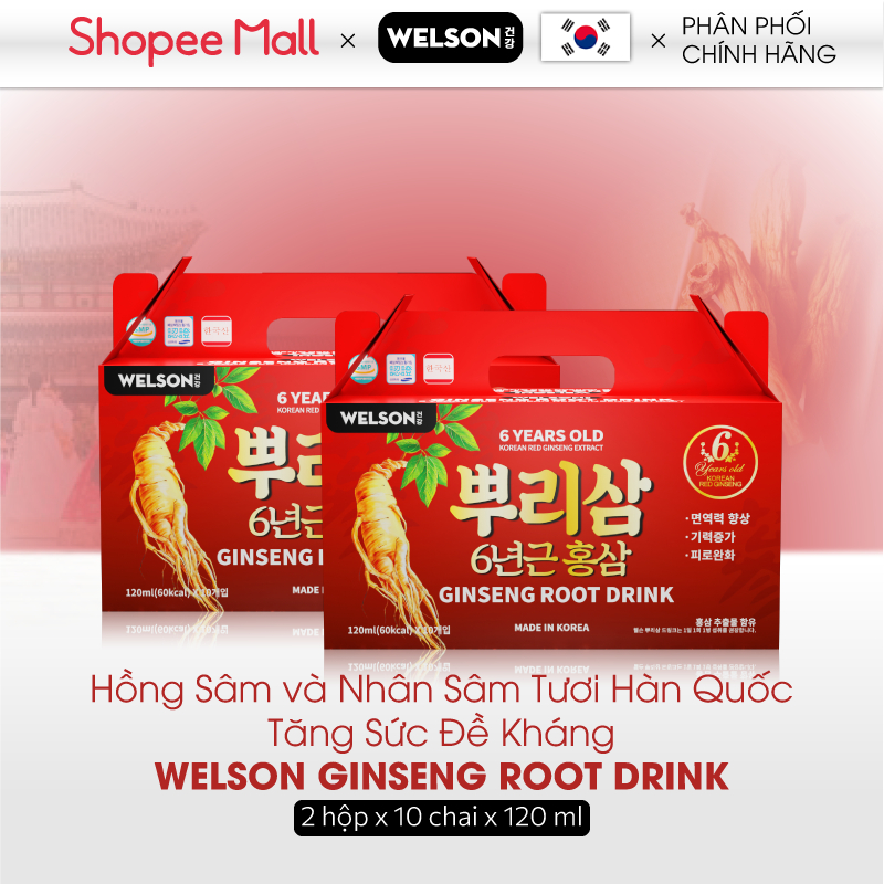 Combo 2 Hộp Hồng Sâm và Nhân Sâm Tươi Hàn Quốc Tăng Sức Đề Kháng Welson Ginseng Root Drink 2 x 10 chai x 120ml