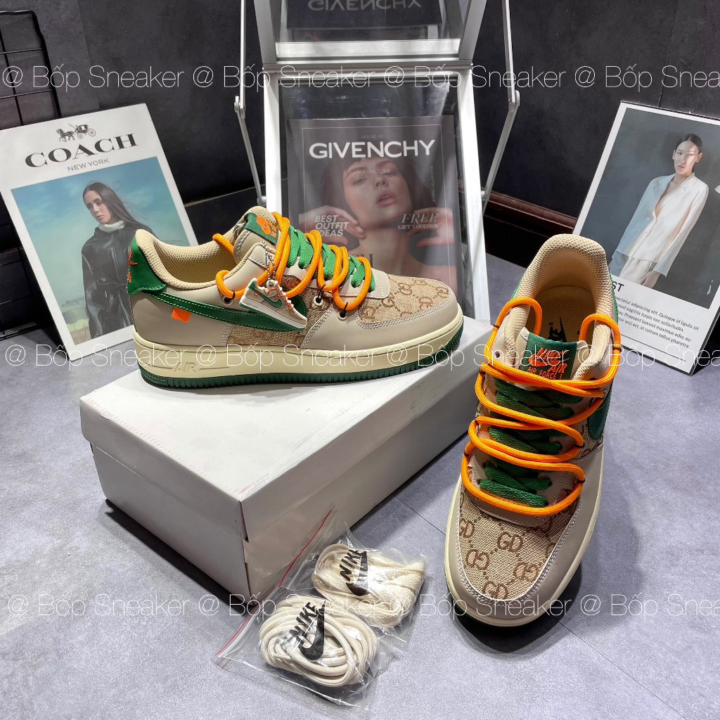 Giày thể thao  AF1 Gucci Nâu Xanh Lá , giày af1 x Gucci custom nâu xanh cao cấp