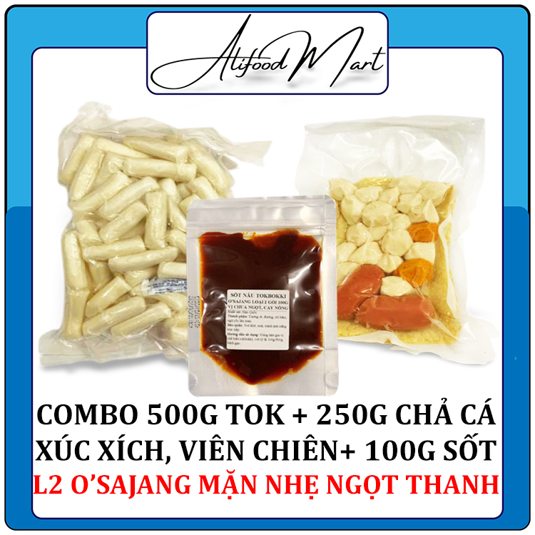 Combo 500g bánh gạo cắt khúc gói trắng + 250g chả cá, xúc xích, viên chiên + 100g sốt nấu tokbokki