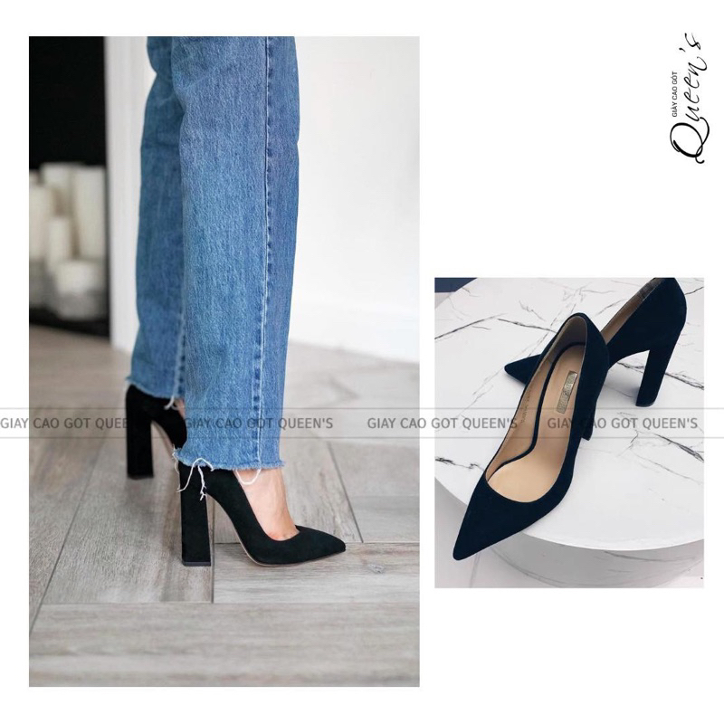 Giày Đế Vuông Mũi Nhọn Đen Lộn Cao Cấp QUEENS STORE sang tôn dáng chắc chân cao 7-9-11P
