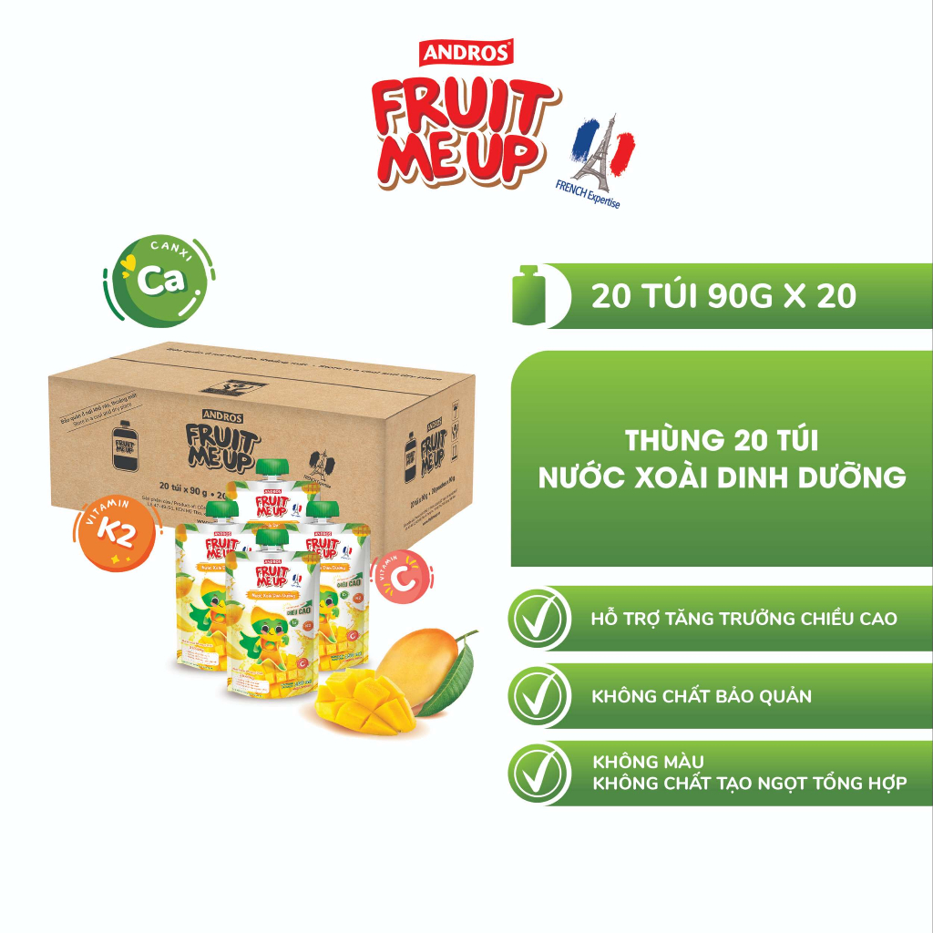 Thùng 20 Túi Nước Xoài Dinh Dưỡng - Hỗ trợ bé tăng chiều cao - ANDROS FRUIT ME UP - 150ml x 20