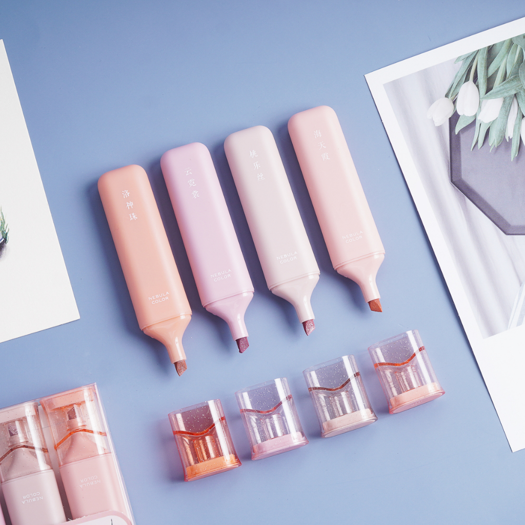 Set 4 Bút Dạ Quang Màu Pastel Nhũ Lấp Lánh, Bút Nhớ Highlight Đánh Dấu Và Trang Trí HP7261