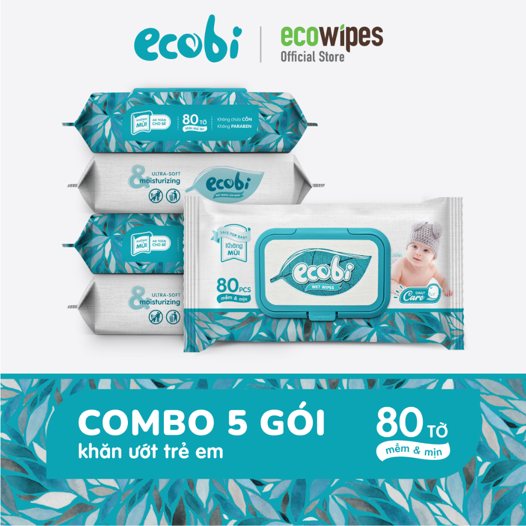 Combo 05 gói khăn ướt cho bé Ecobi gói 80 tờ không mùi an toàn cho làn da nhạy cảm của bé