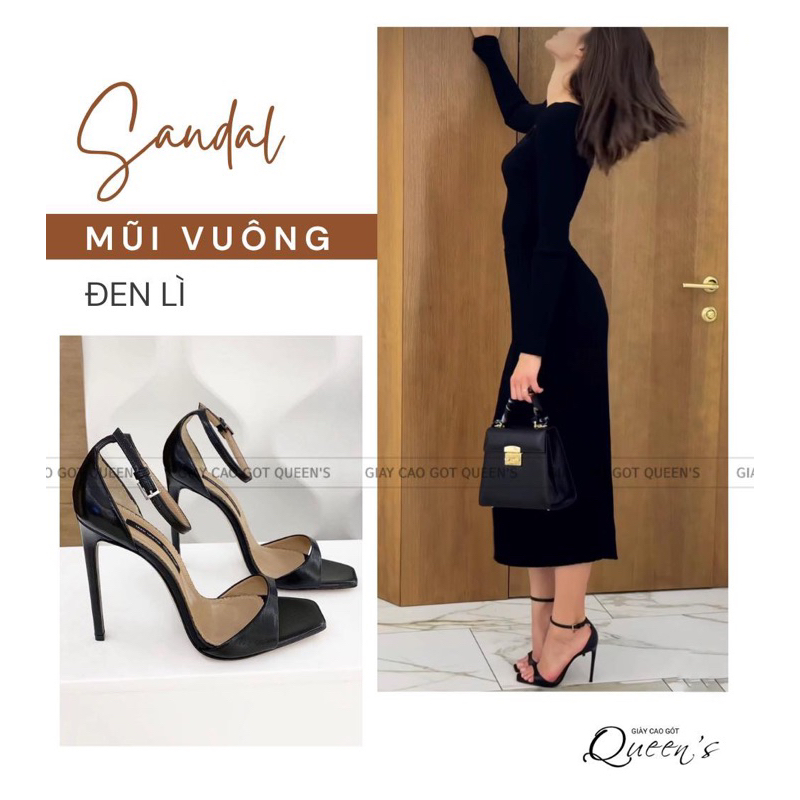 Giày Cao Gót Sandal Mũi Vuông Đen Lì QUEENS STORE êm sang chắc chân cao 8-10-11cm