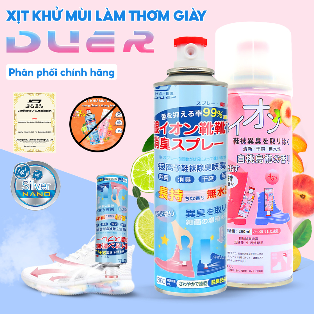 Bình xịt khử mùi hôi giày dép nano bạc Shoes 2h lọ 260ml, chuyên dùng làm thơm tủ dầy, quần áo, tất, vớ chân.