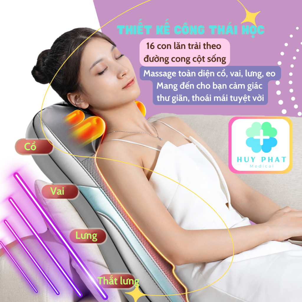 Gối massage hồng ngoại Renji cổ vai gáy lưng, 16 đầu massage chuyên sâu toàn thân