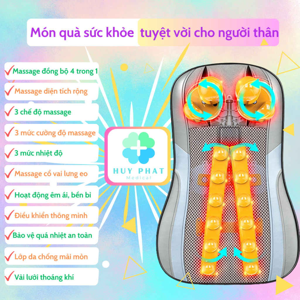 Gối massage hồng ngoại Renji cổ vai gáy lưng, 16 đầu massage chuyên sâu toàn thân