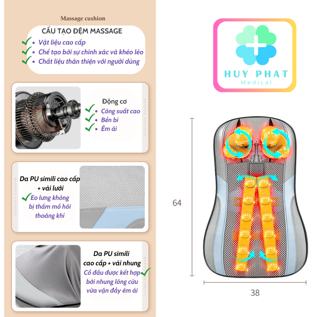 Gối massage hồng ngoại Renji cổ vai gáy lưng, 16 đầu massage chuyên sâu toàn thân