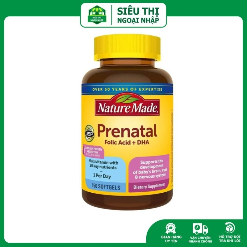 Vitamin cho bà bầu Nature Made Prenatal Folic acid + DHA 200mg 150 viên