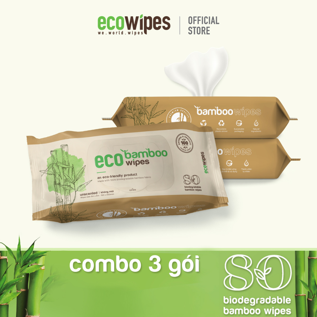 Combo 03 khăn ướt sợi tre cao cấp Eco Bamboo 80 tờ, kháng khuẩn, tự phân hủy