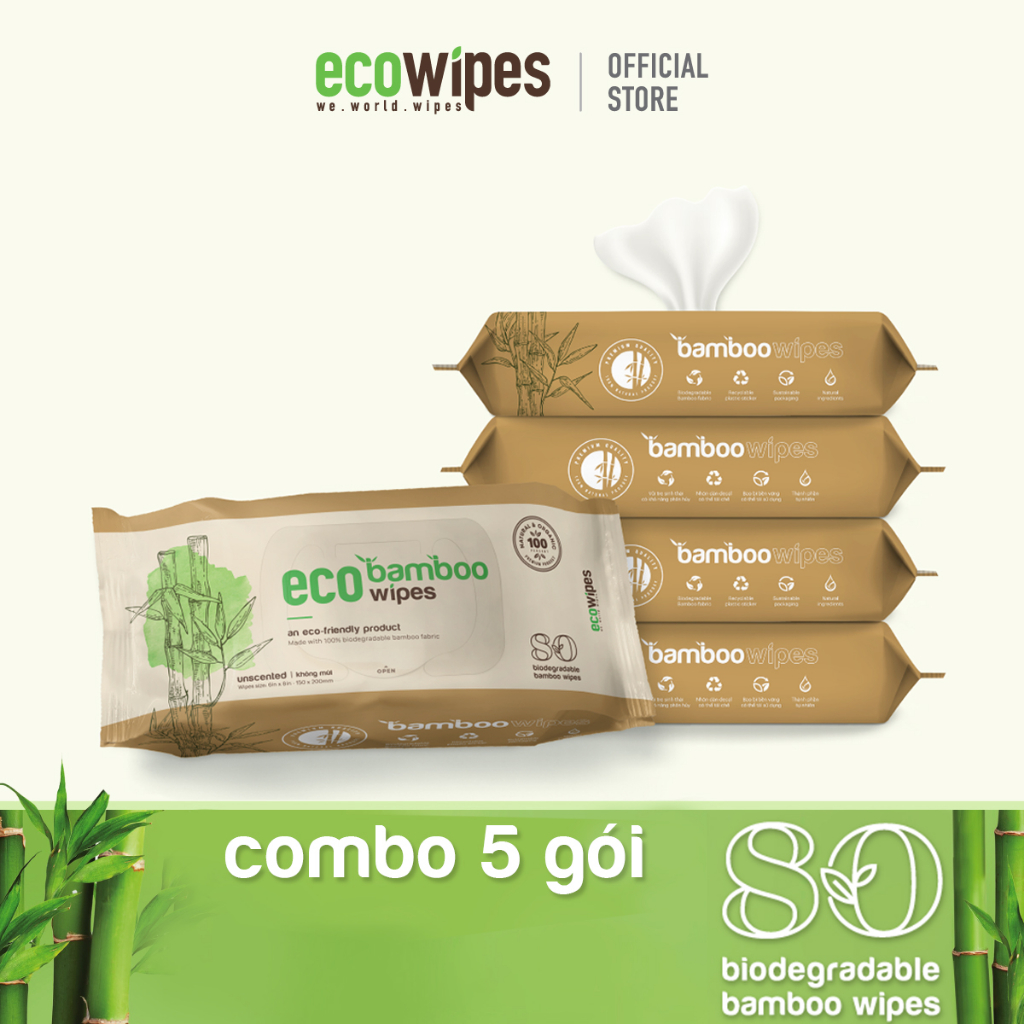 Combo 05 gói khăn ướt vải sợi tre kháng khuẩn Eco Bamboo gói 80 tờ không mùi an toàn cho da nhạy cảm