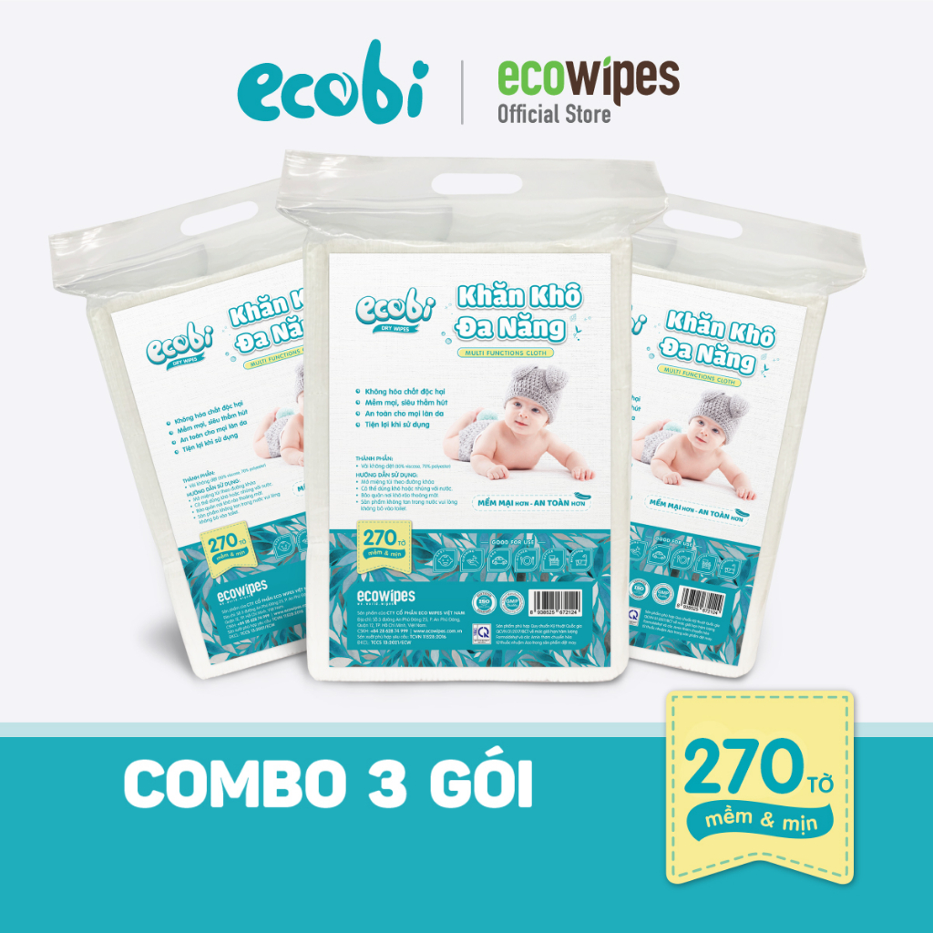 Combo 03 túi khăn khô đa năng cho bé Ecowipes túi 270 tờ 345g siêu tiết kiệm mềm mịn dai thấm hút tốt