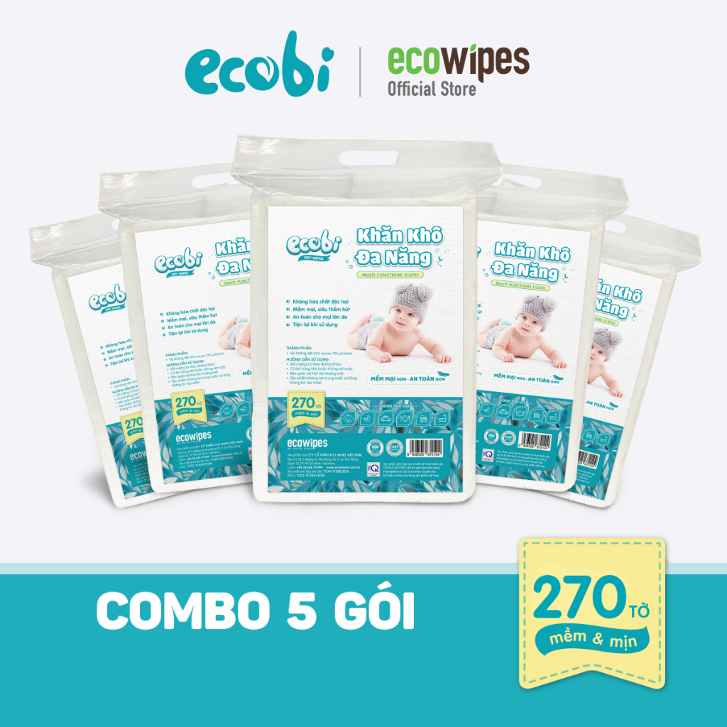 Combo 05 gói khăn khô đa năng cho bé Ecowipes túi 270 tờ siêu tiết kiệm mềm mịn dai thấm hút tốt