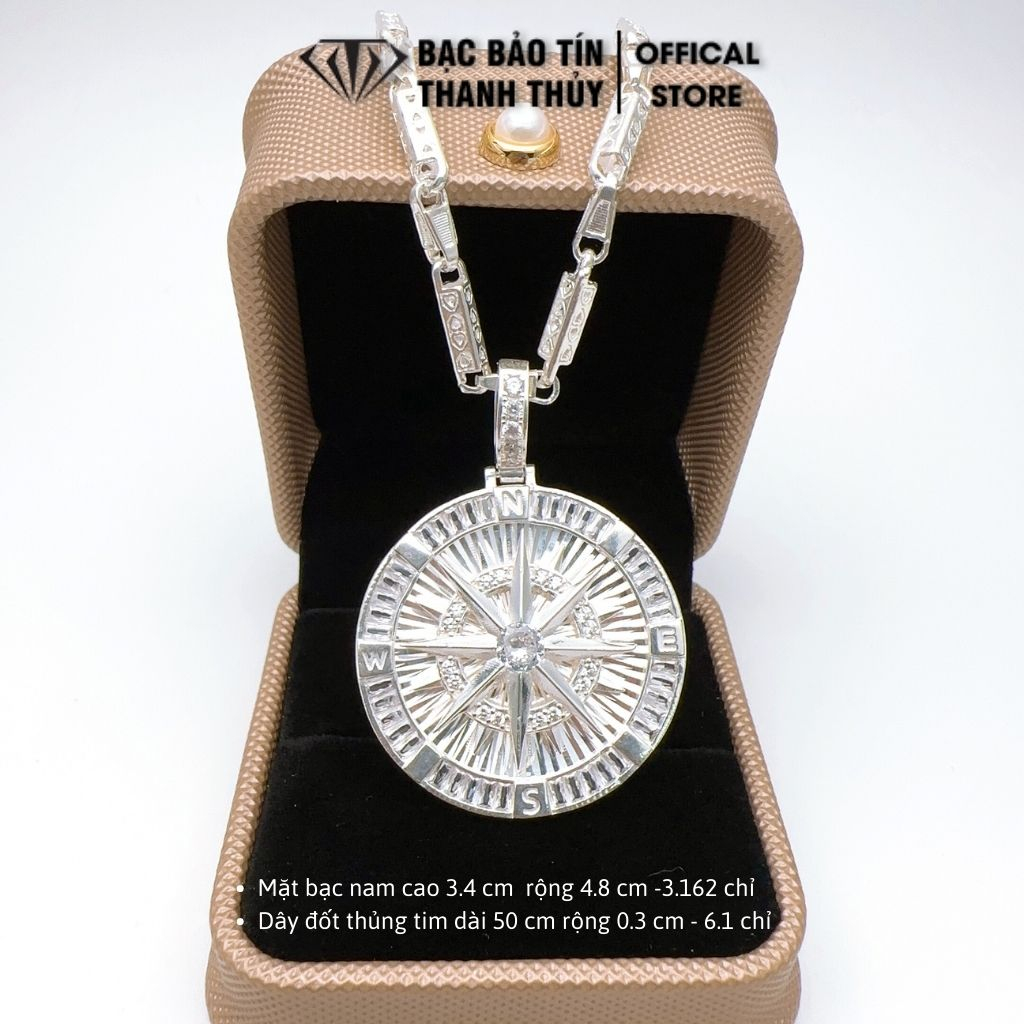 Mặt dây chuyền bạc nam Bảo Tín Thanh Thủy, mặt dây chuyền tròn giữa sao 8 trơn nhọn cao 4.8cm rộng 3.4cm 3.162chỉ bạc ta
