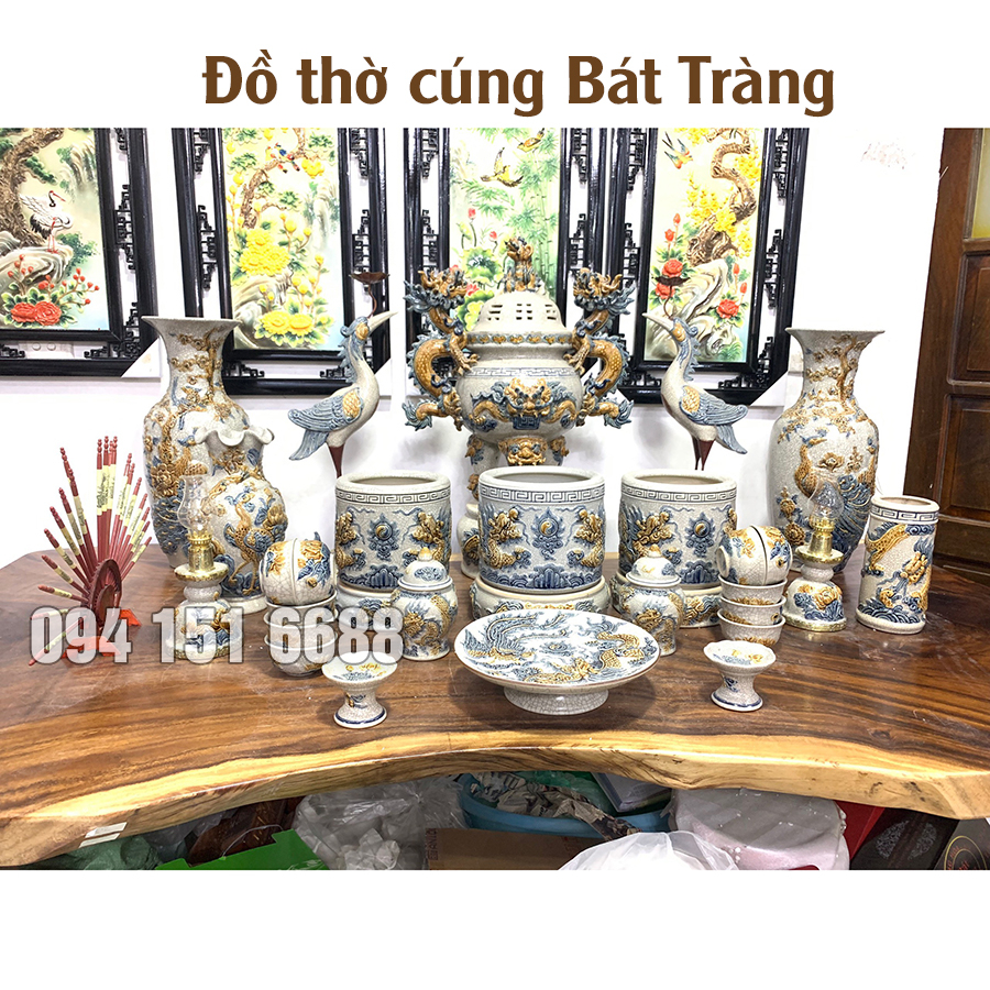 Bộ Đồ Thờ Cúng Bát Tràng Cao Cấp - Đồ Thờ Men Rạn Đắp Nổi Nghệ Nhân Bát Tràng Chế Tác