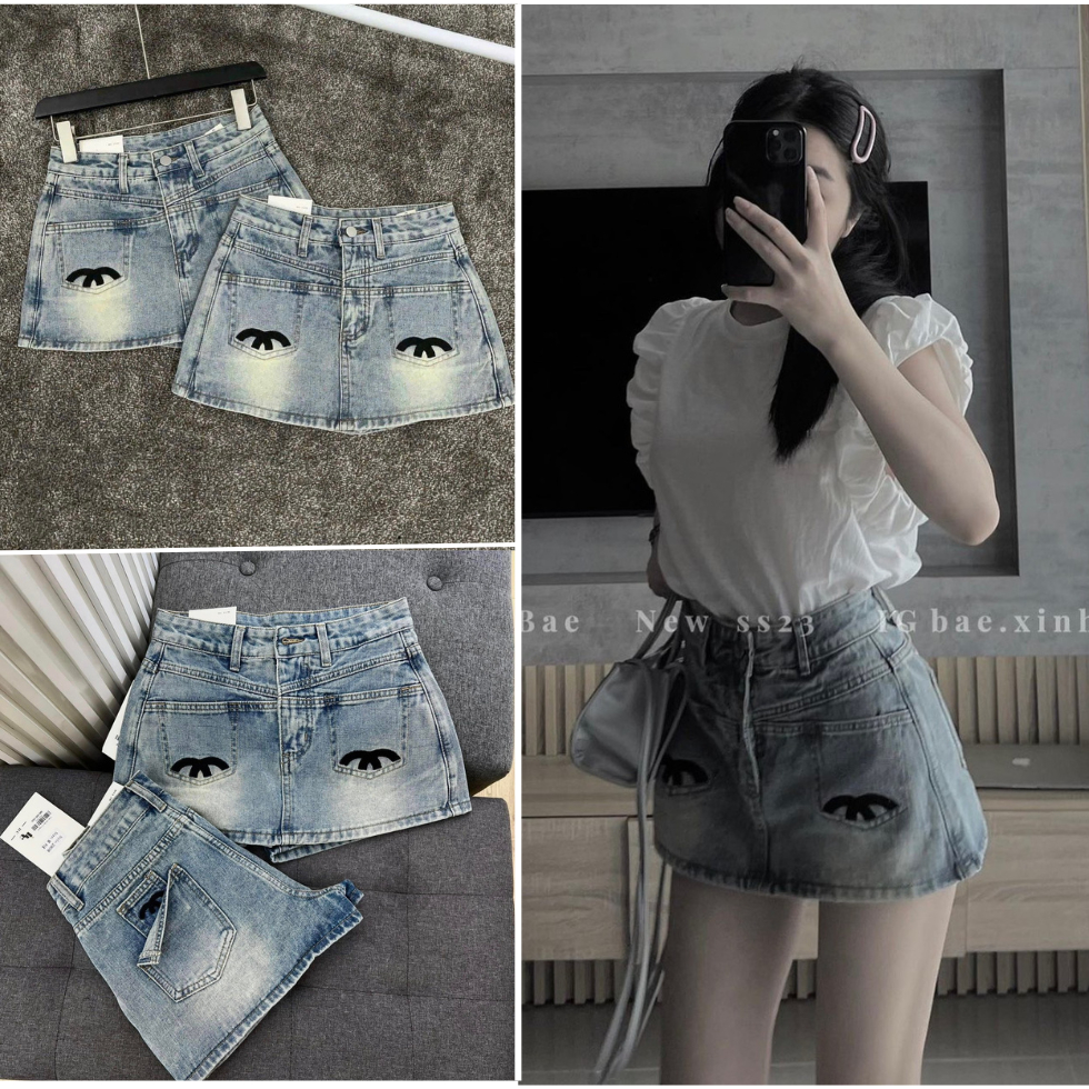 Chân váy ngắn chữ A lưng cao, chân váy jeans thêu logo phong cách Hàn Quốc