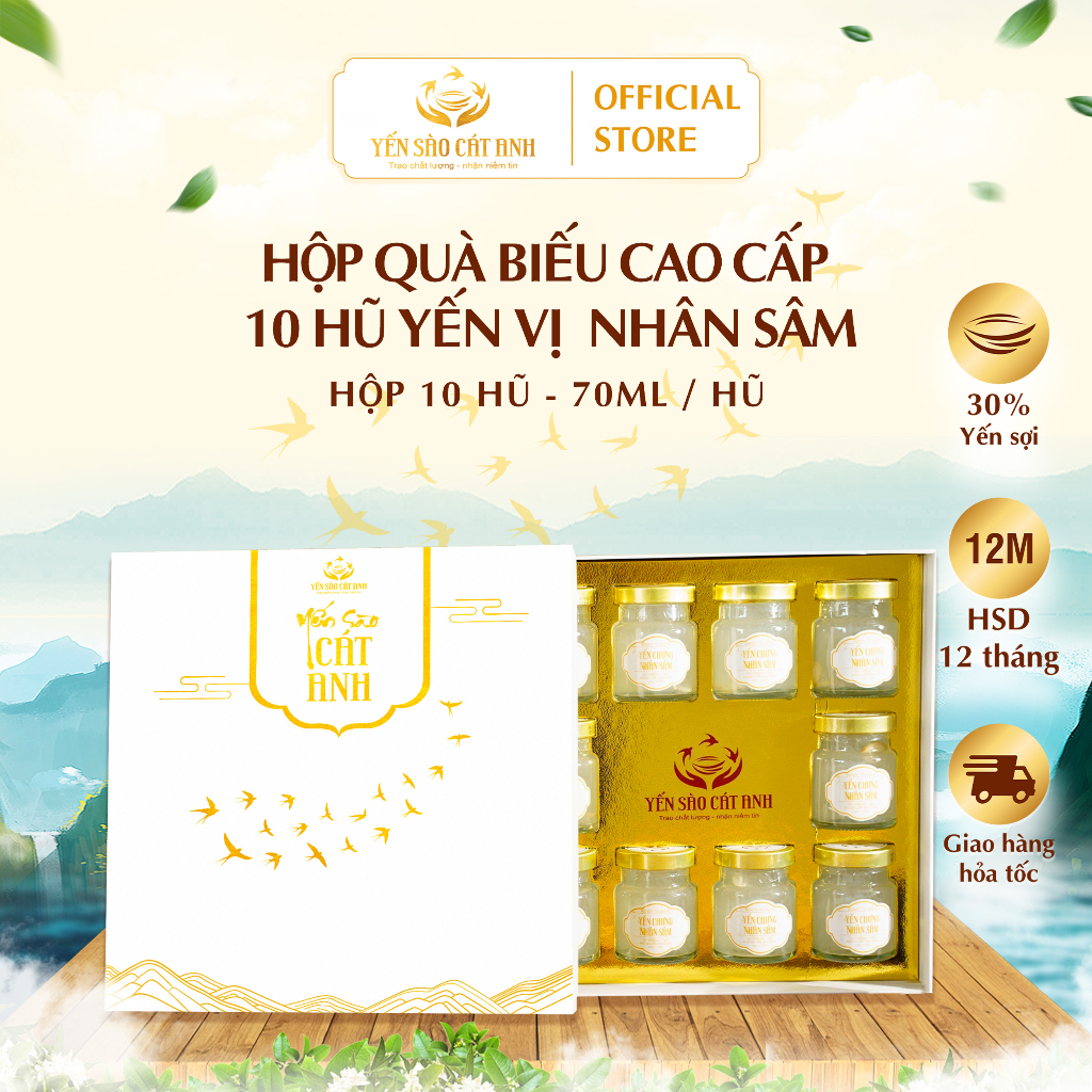 Tổ Yến chưng sẵn vị nhân sâm Yến Sào Cát Anh hộp 6 hũ /hộp 10 hũ /lốc 12 hũ - 30% yến sợi