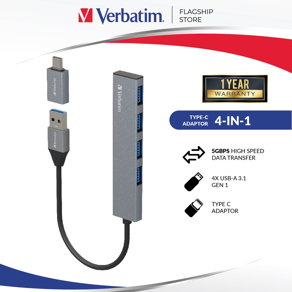Đầu đọc thẻ Verbatim 4-in-1 USB 3.1 Hub with Type C Adaptor - Model 66627