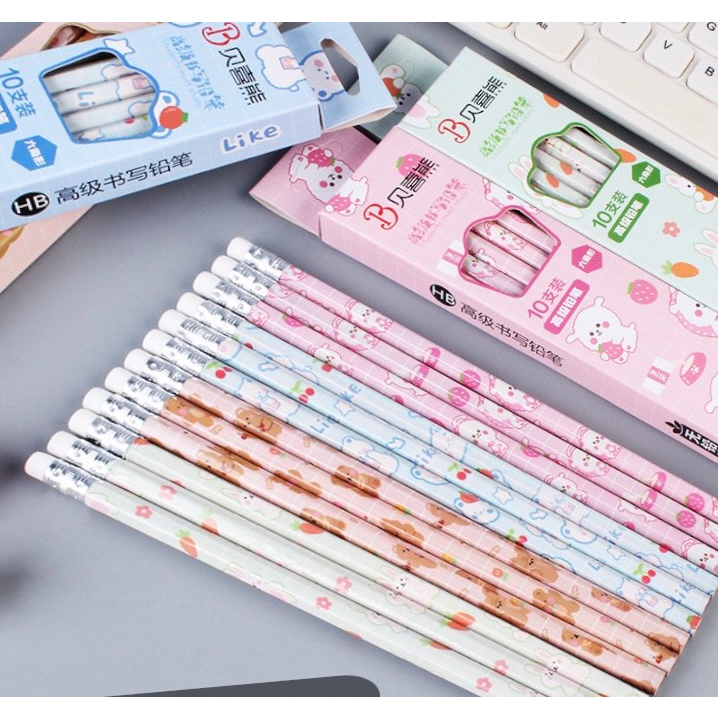 Hộp 10 Bút Chì HB Kèm Gôm Tẩy Cho Học Sinh, Họa Tiết Hoạt Hình Cute Dễ Thương - BC01