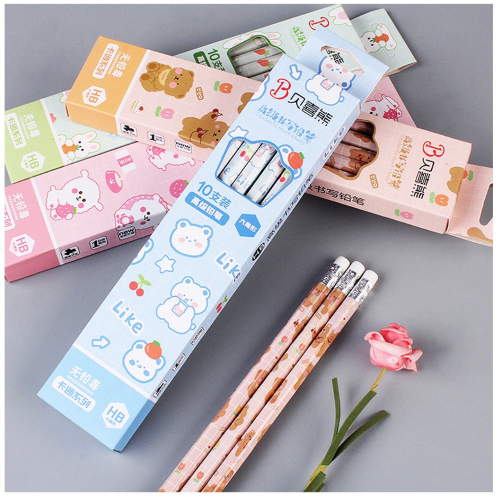 Hộp 10 Bút Chì HB Kèm Gôm Tẩy Cho Học Sinh, Họa Tiết Hoạt Hình Cute Dễ Thương - BC01