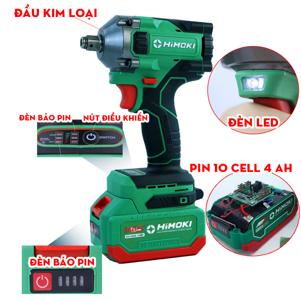Máy Siết Bulong Himoki HM-IW450N Không Chổi Than - Máy Vặn Ốc Chân Pin Phổ Thông - Bảo Hành Chính Hãng
