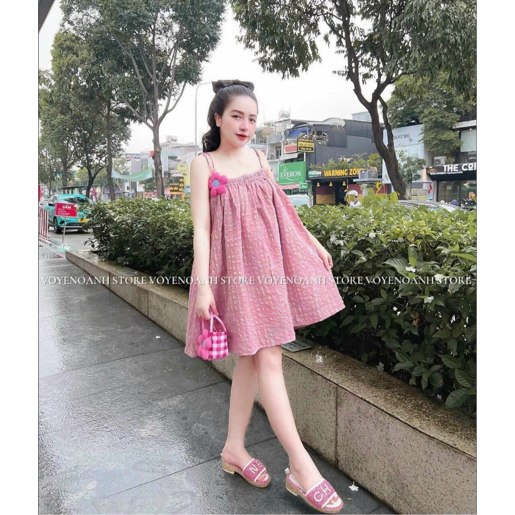 Đầm váy babe doll nữ hai dây chun ngực gắn hoa xinh xắn dành cho các nảng đi chơi, bầu bì chen chúc thoải mái