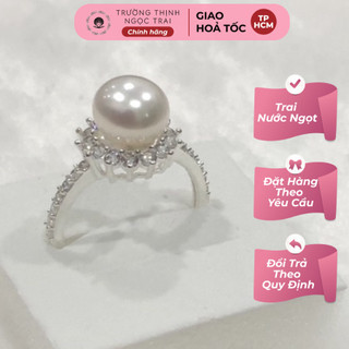 Nhẫn bạc s925 viền đá đính hạt ngọc trai 9ly - trường thịnh ngọc trai