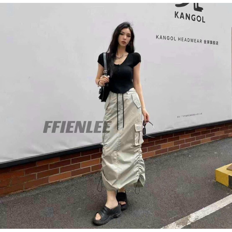 Chân váy rút sườn túi hộp mã mới hot hit siêu xinh , Chân váy dáng dài phối túi hộp dây rút siêu hot MS