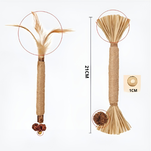 QUE GỖ CATNIP LÔNG GÀ CHO MÈO, CÓ CHUÔNG GIÚP MÈO MÀI RĂNG, SNACK MÈO