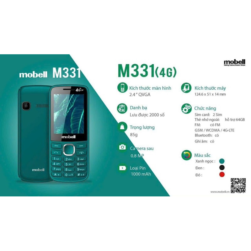 Điện Thoại Mobell M331 4G Màn hình to 2.4inch có chức năng ghi âm cuộc gọi Bảo hành 12 tháng - Hàng chính hãng