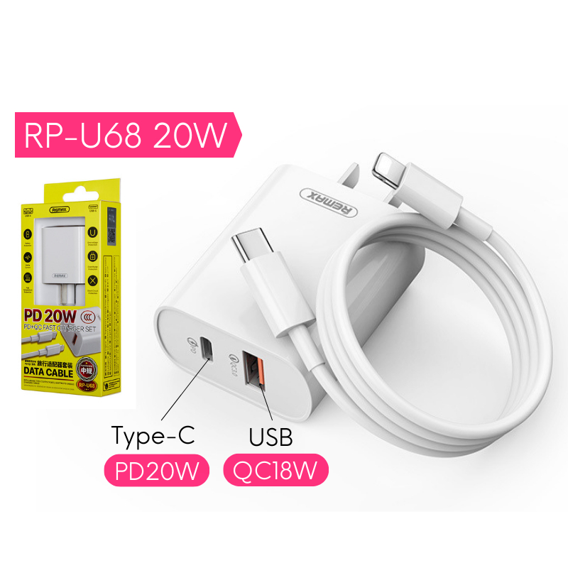 Sạc nhanh REMAX RP-U68 PD20W + QC18W sạc đầy 50% pin chỉ trong 30 phút cho 8 plus trở lên