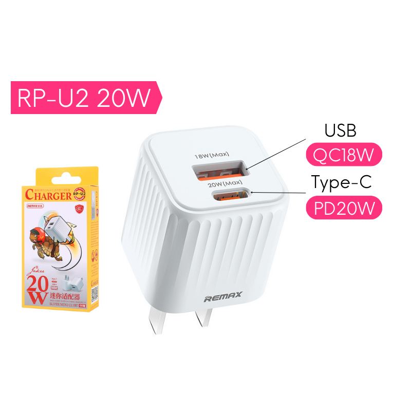 Sạc nhanh REMAX RP-U68 PD20W + QC18W sạc đầy 50% pin chỉ trong 30 phút cho 8 plus trở lên