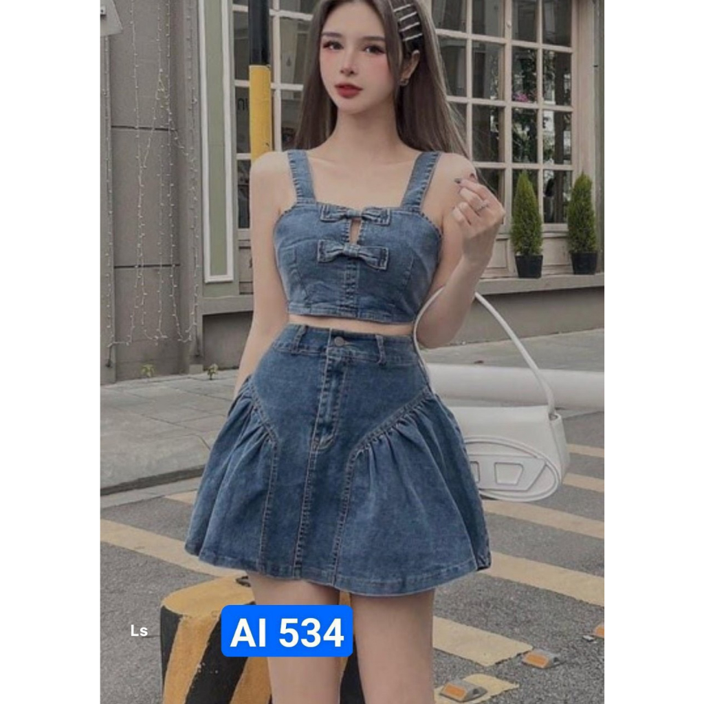 Set áo 2 dây bản đính nơ chân váy ngắn xòe chất jean mềm