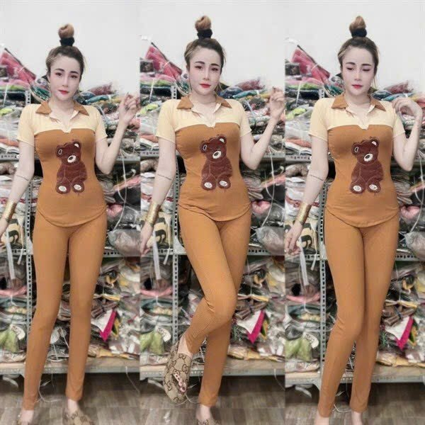 Đồ bộ nữ, Set đồ bộ quần đai cao có túi và áo thêu gấu, Áo ôm ngắn tay cổ sơ mi vải thun, Set đồ bộ thun gân nữ in hình