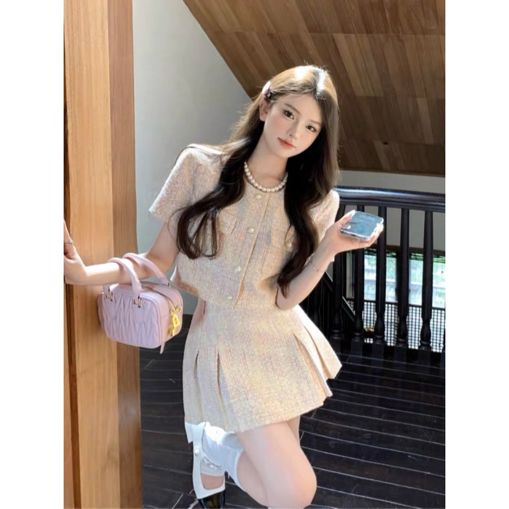 Set Áo Cộc Váy Xòe Dạ Tweed Hồng Hàn QUốc