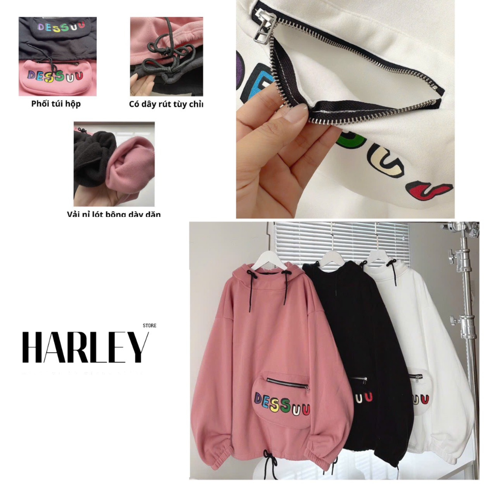 Áo khoác Hoodie DESSUU túi hộp có dây kéo nỉ lót bông form rộng unisex màu trắng hồng đen - HARLEY STORE SG