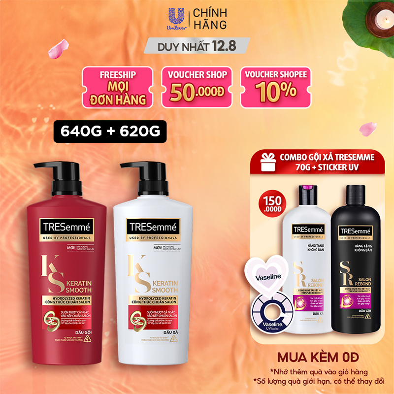 Combo Dầu Gội, Dầu Xả TRESEMME Keratin Smooth Dưỡng tóc khô xơ rối Công thức chuẩn salon Vào Nếp Suôn Mượt 640g, 620g