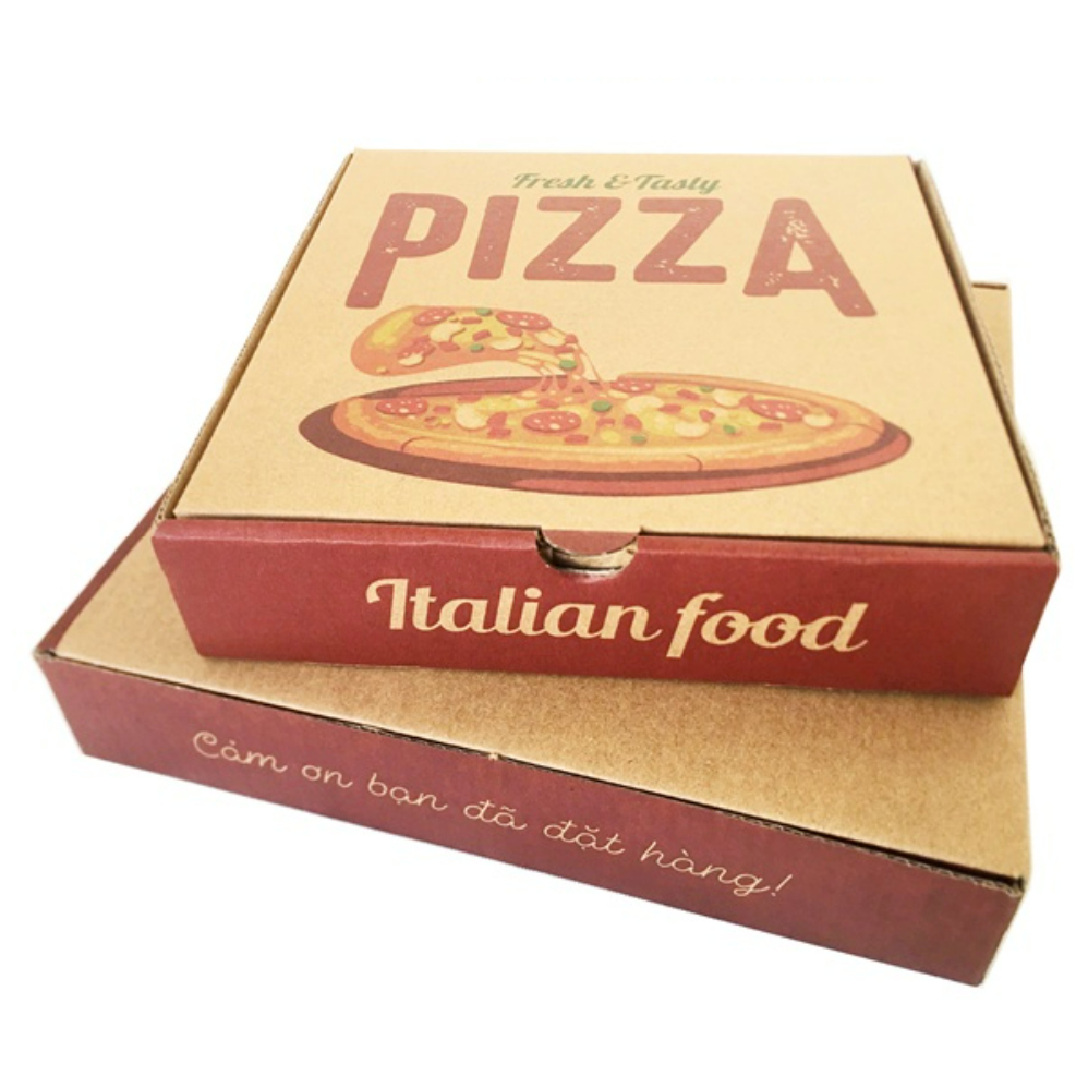HỘP ĐỰNG PIZZA - In màu - dày dặn - kích thước 16cm, 18cm, 20cm, 22cm, 24cm, 26cm