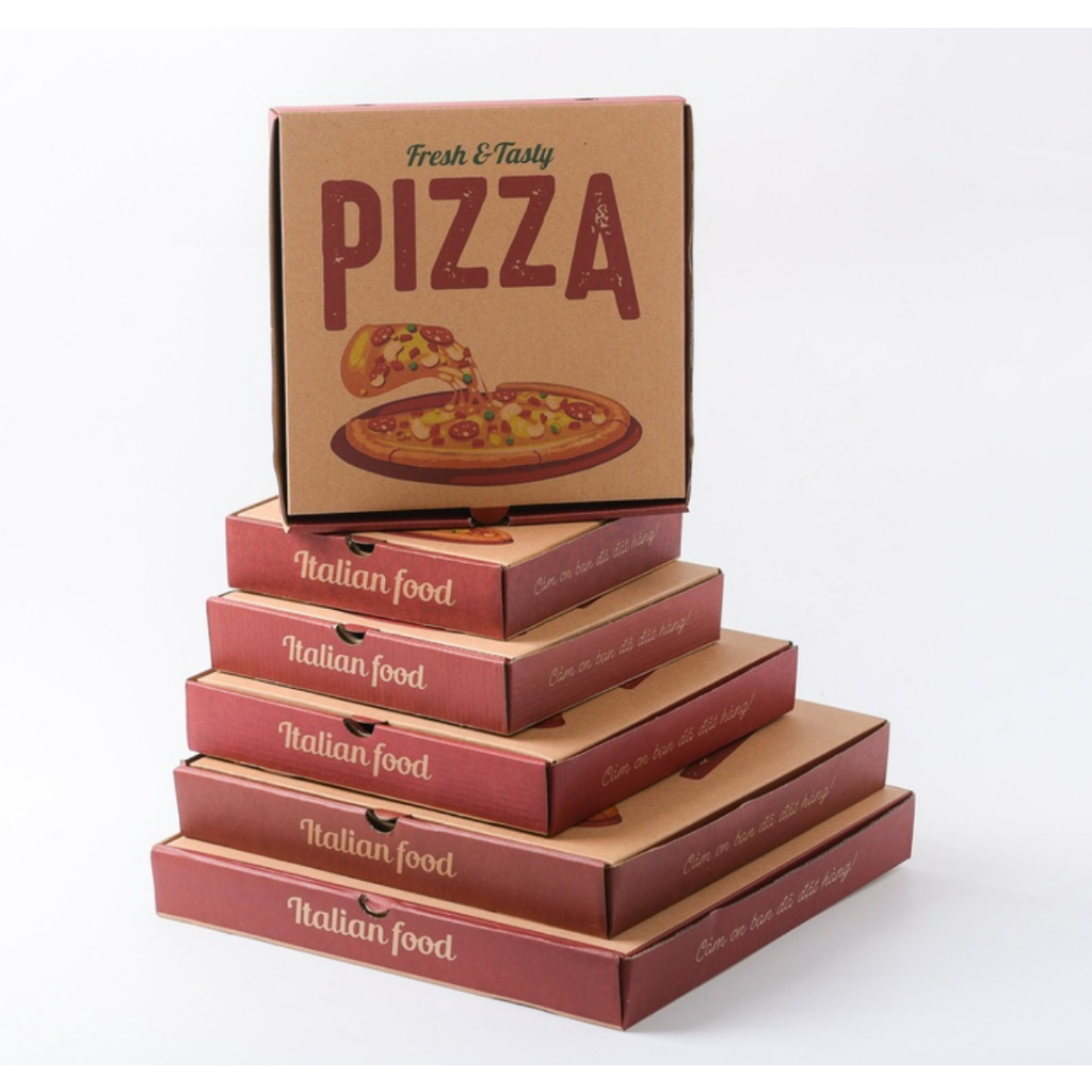 HỘP ĐỰNG PIZZA - In màu - dày dặn - kích thước 16cm, 18cm, 20cm, 22cm, 24cm, 26cm
