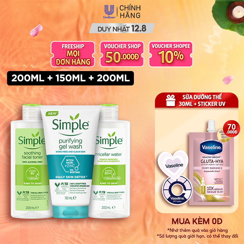 Combo Simple Tẩy trang Micellar 200ml + Sữa rửa mặt 150ml + Nước hoa hồng 200ml ngừa mụn hiệu quả [CHÍNH HÃNG ĐỘC QUYỀN]