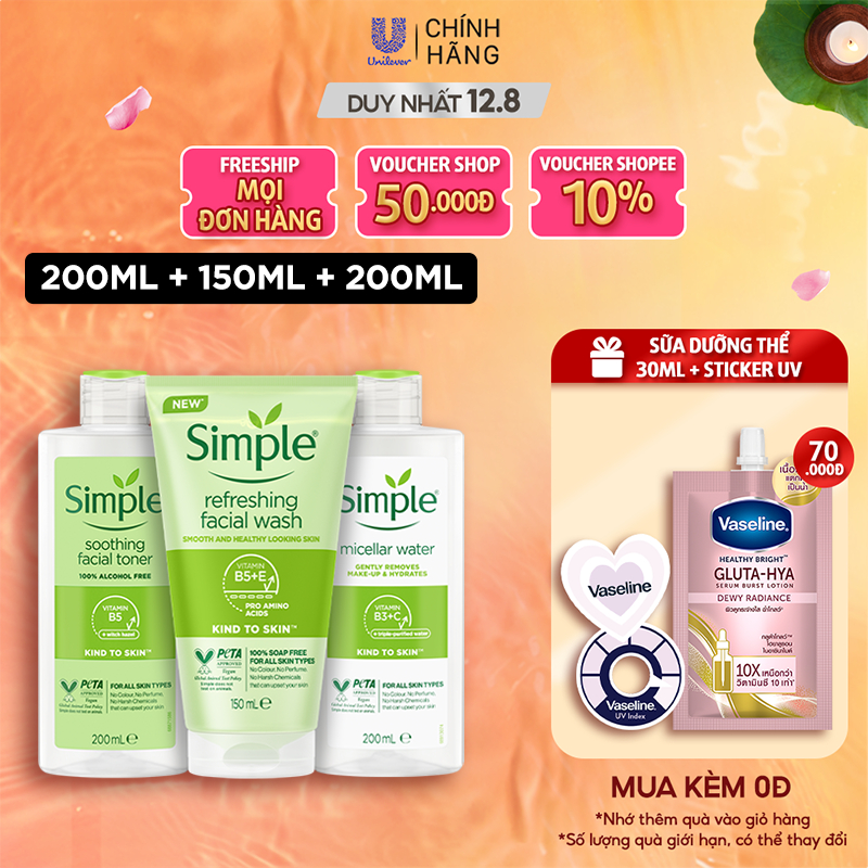 Combo Simple Tẩy trang 200ml + Sữa rửa mặt 150ml + Nước hoa hồng 200ml cho da sạch khỏe đàn hồi [CHÍNH HÃNG ĐỘC QUYỀN]