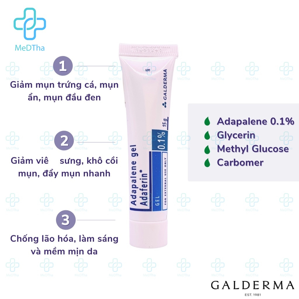 Adapalene Gel 0.1 Adaferin - Gel Giảm Mụn Trứng Cá, Mụn Ẩn, Mụn Đầu Đen, Giảm Sưng Tấy Đỏ, Chống Lão Hóa (Tuýp 15g)