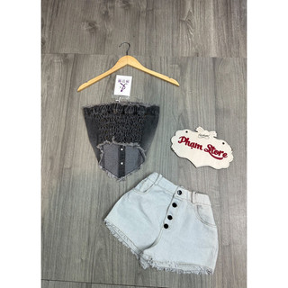 set áo ống+ quần short jeans nút