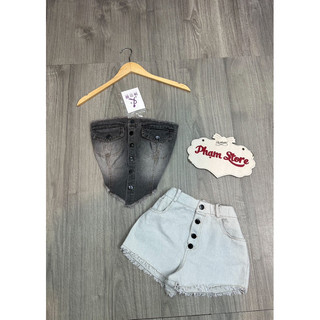 set áo ống+ quần short jeans nút