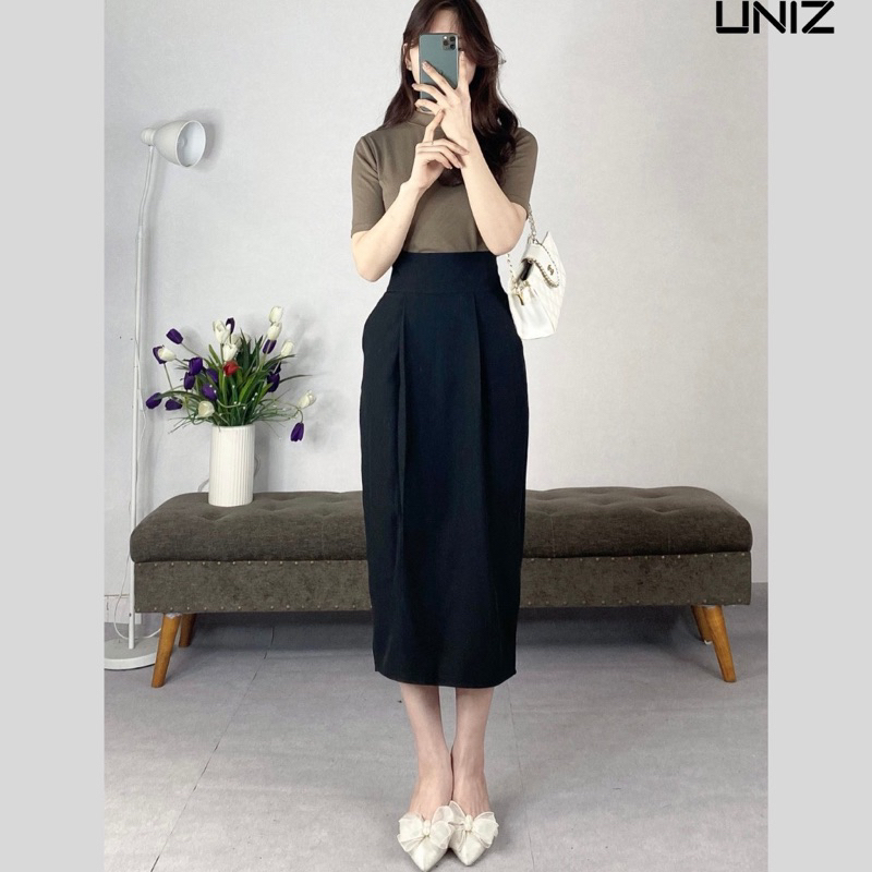 Chân váy công sở  midi bút chì chiết li che bụng huyen hip