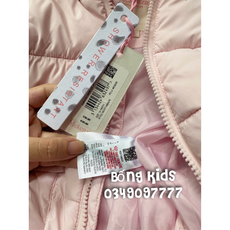Áo Phao Bé Gái Túi Nắp Mềm Nhẹ Hồng McKenzie