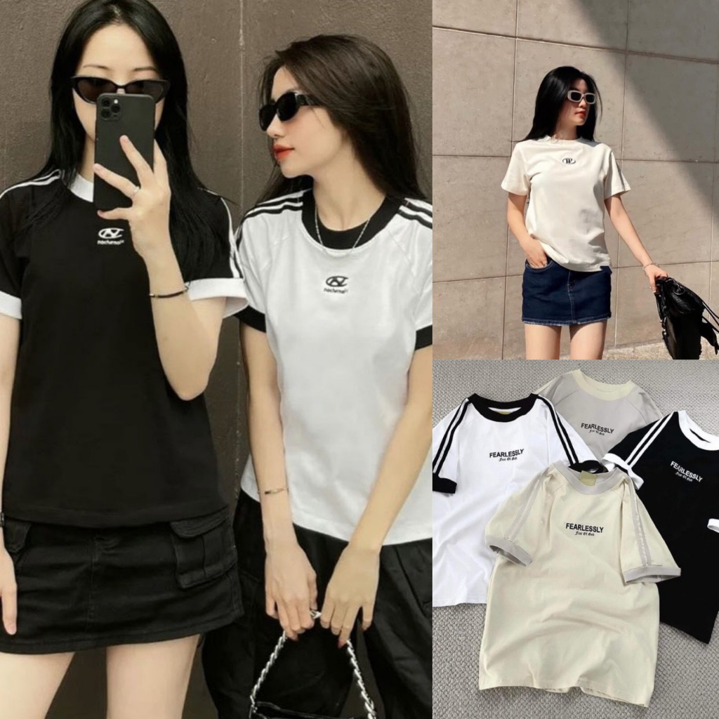 Áo phông nữ, áo thun nữ baby tee tay ngắn phối viền thêu chữ cổ tròn chất cotton khô 3158 hàng đẹp