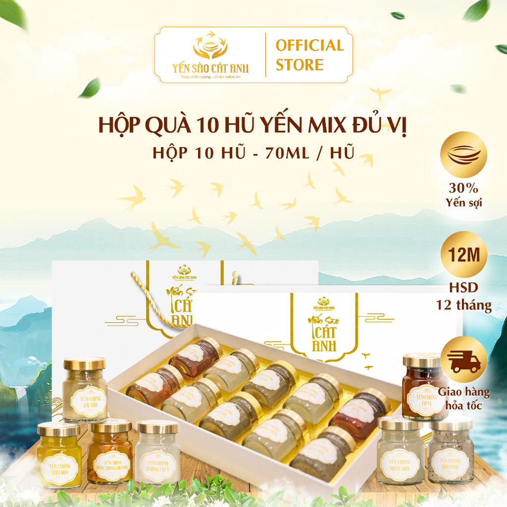 Hộp quà yến chưng sẵn CÁT ANH mix 10 hũ cao cấp đủ các vị 30% yến sợi, bảo hành 1 đổi 1